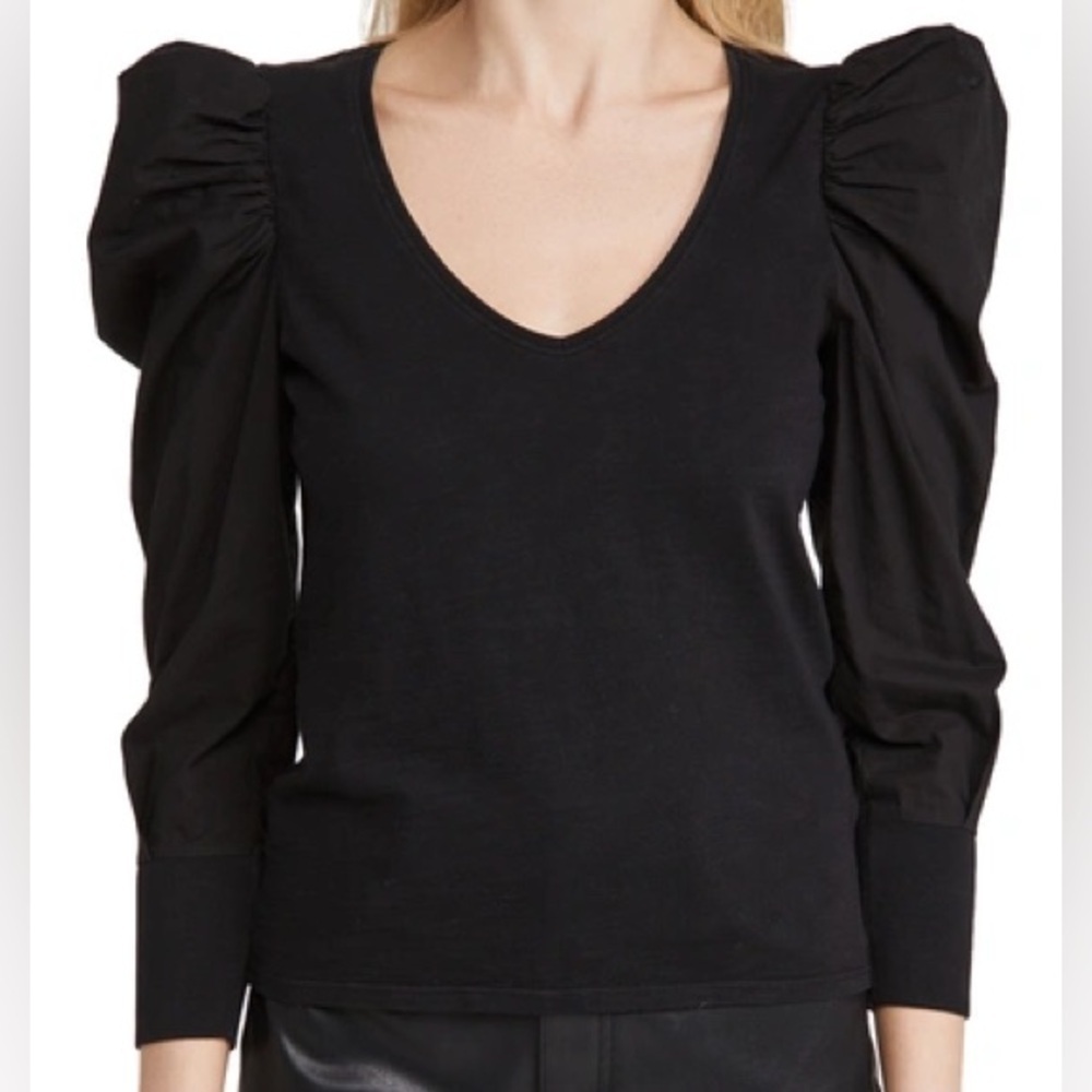 Nation ltd Jenna Cuffed Combo Tee In Jet Black v neck long sleeve blouse medium
